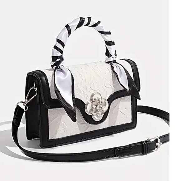 Chic Black/White Textures Floral Mini Crossbody Top Handle Bag w/Twilly - Picture 8 of 13